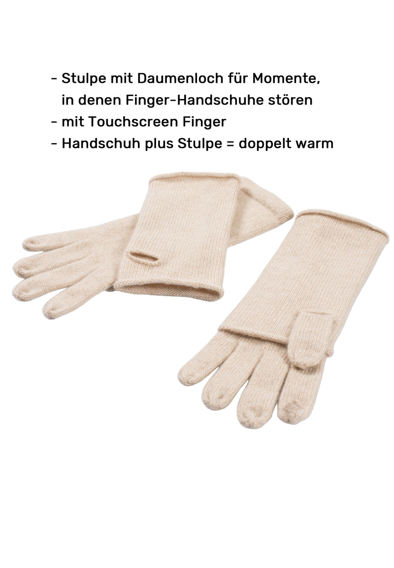 designer hut Kaschmir-Beanie, Handschuh + Schal mit Fischgr&#228;t-Muster - Beige meliert